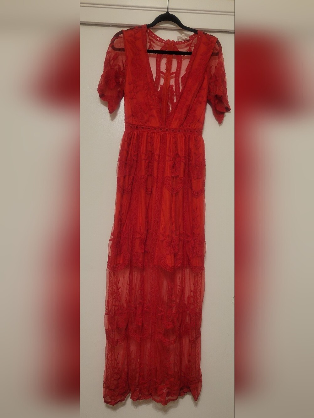 Love + Harmony Red Embroidered Mesh Boho Maxi Dress Large Romantic Sheer Lace